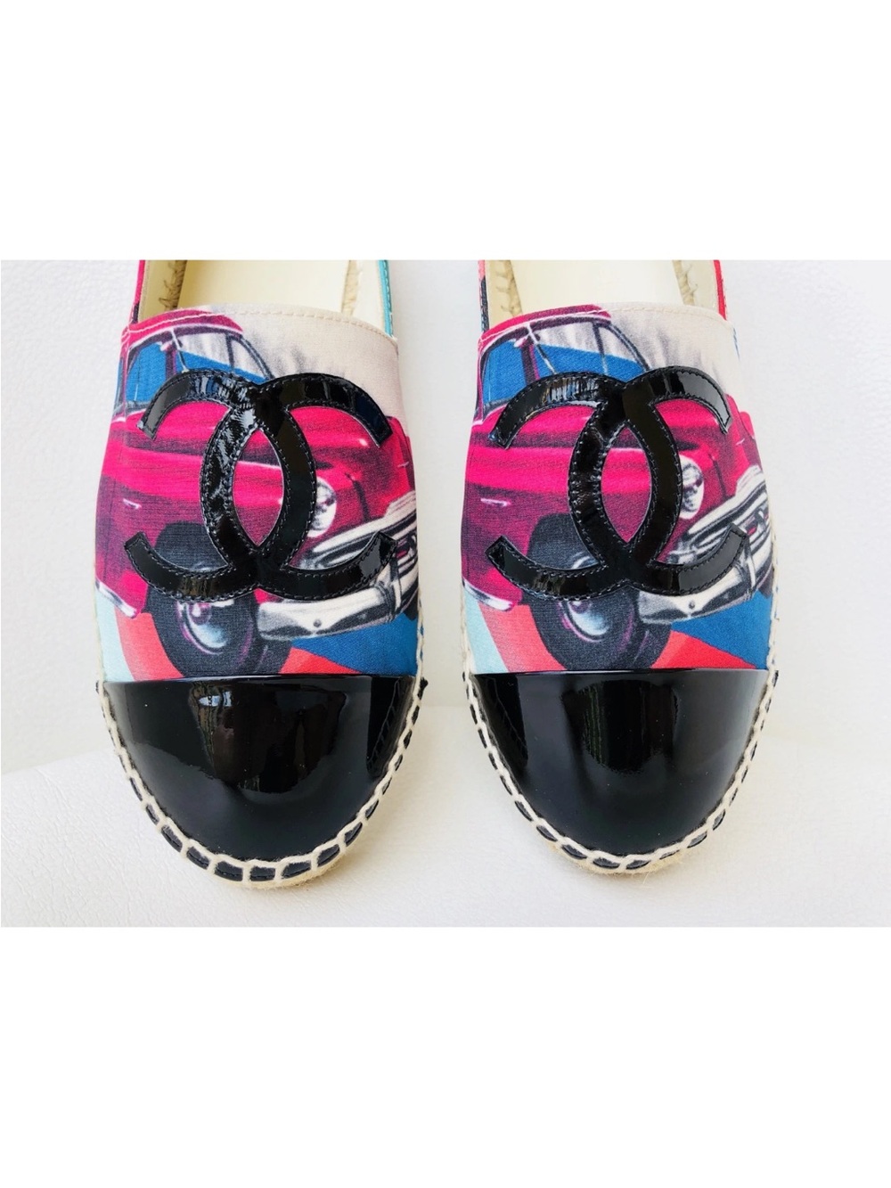 CHANEL MULTICOLOR CANVAS PINK BLACK PATENT LEATHER CAPTOE ESPADRILLE FLATS SZ 37 - Picture 5 of 12